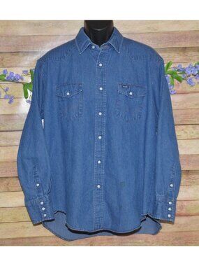 Vintage Wrangler Pearl Snap Denim Jean Shirt Mens XL Cowboy Workwear Classic
